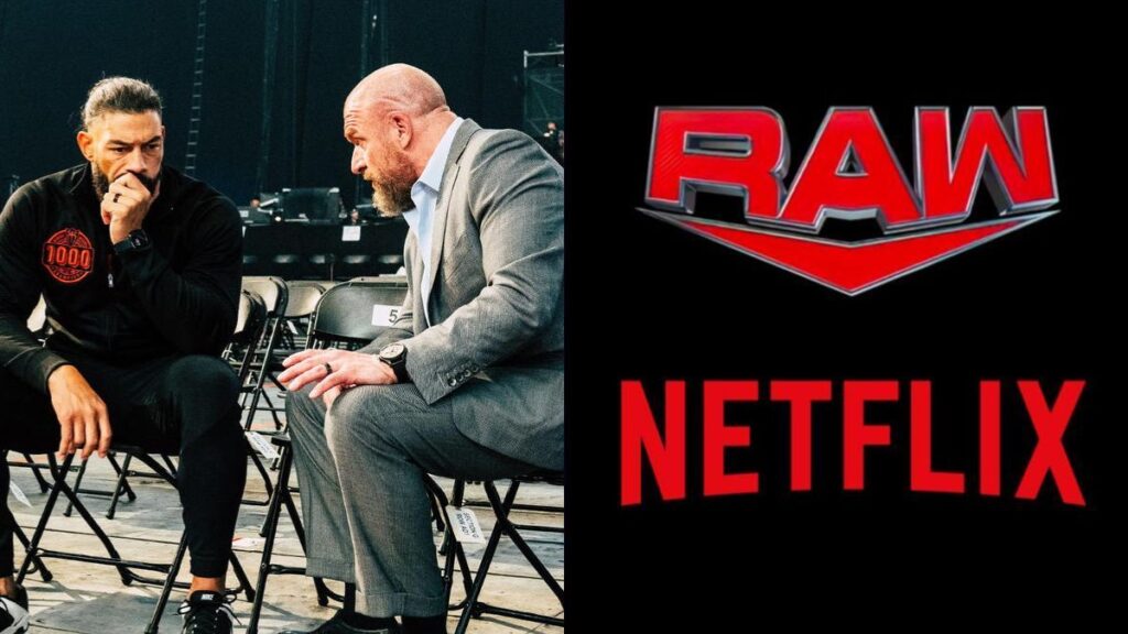 Roman Reigns talking to Triple H next to the Raw and Netflix logos
