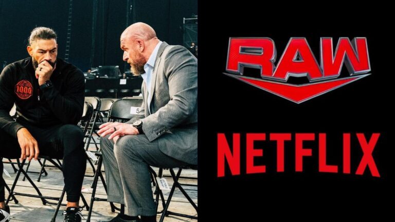 Roman Reigns talking to Triple H next to the Raw and Netflix logos