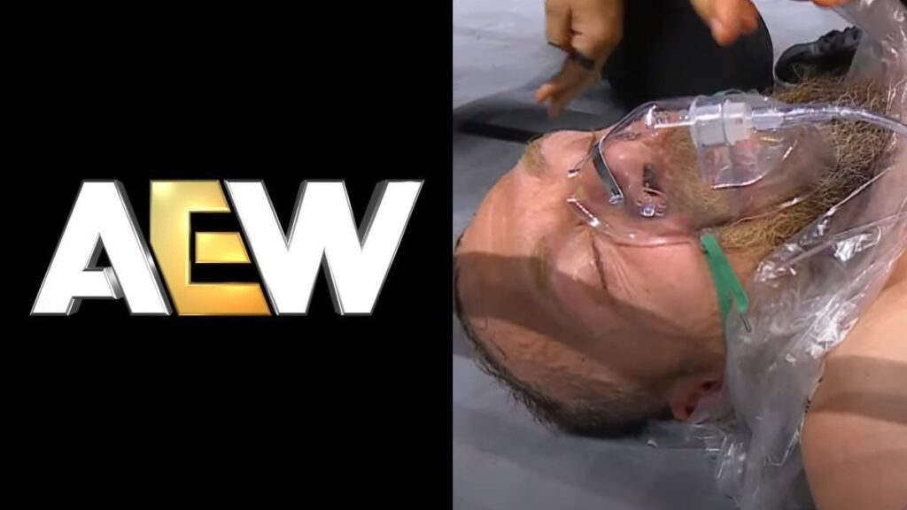 AEW logo and Bryan Danielson after being attacked by Jon Moxley