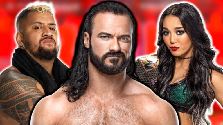 WWE Raw logo and Drew McIntyre, Solo Sikoa and Roxanne Perez
