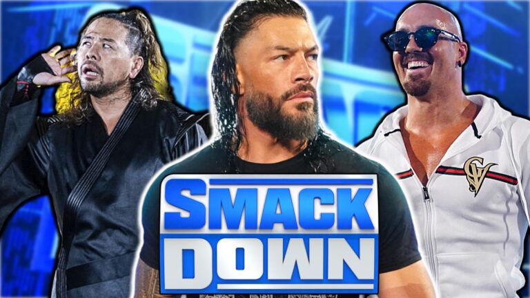 WWE SmackDown logo with Roman Reigns, Shinsuke Nakamura and Giovanni Vinci