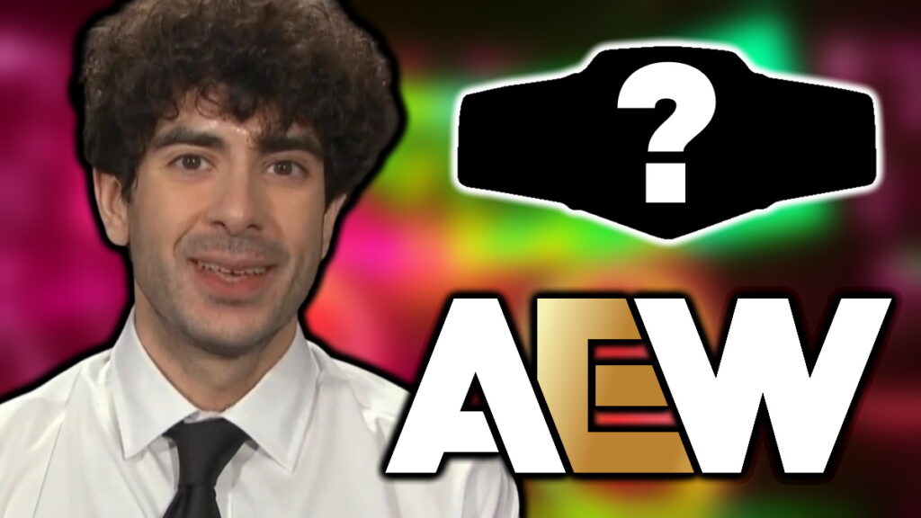 Tony Khan, the AEW logo and a championship belt