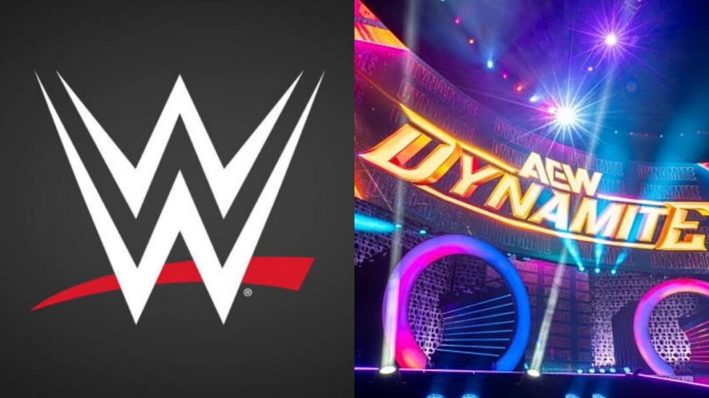 WWE logo on left and AEW Dynamite stage on the right