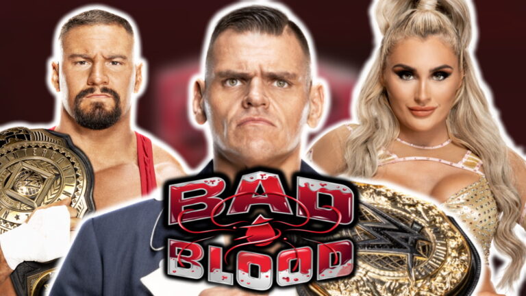 WWE Bad Blood logo with GUNTHER, Bron Breakker and Tiffany Stratton