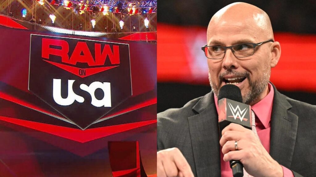 WWE Raw logo and Adam Pearce