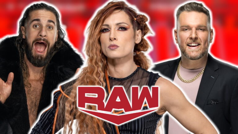 WWE Raw logo, Becky Lynch, Seth Rollins and Pat McAfee