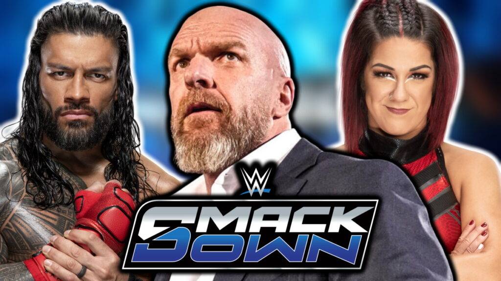 WWE SmackDown logo, Triple H, Roman Reigns and Bayley