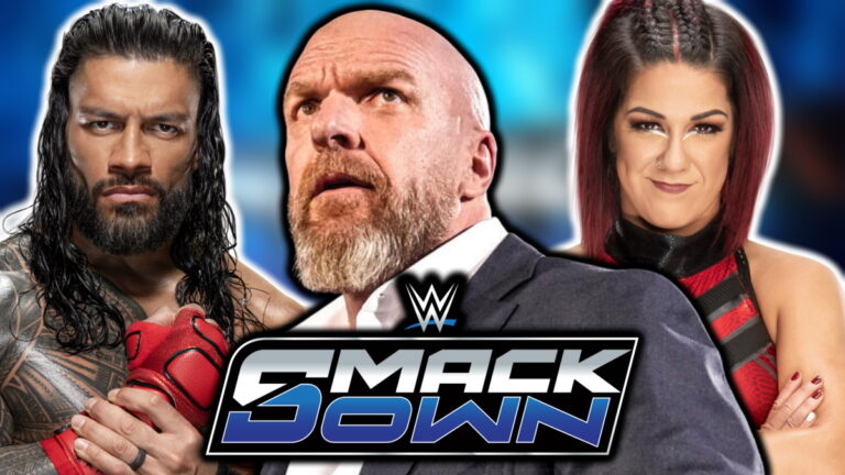 WWE SmackDown logo, Triple H, Roman Reigns and Bayley