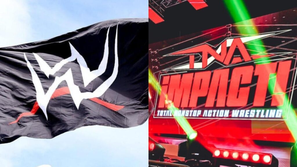 WWE flag on the left, TNA Wrestling Impact logo on the right