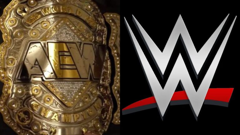 The AEW World Championship next to the WWE logo