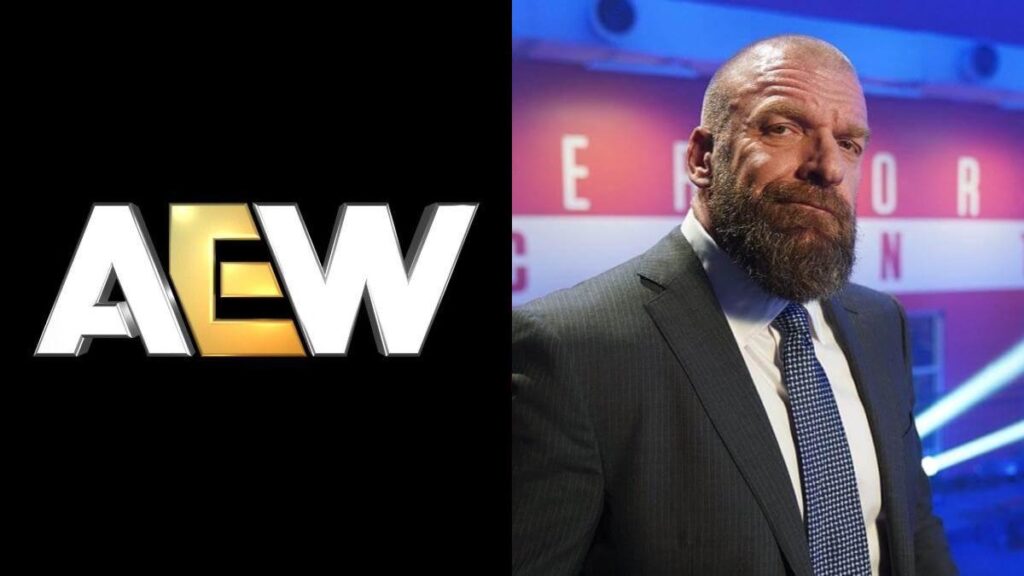 AEW logo on the left and a photo of WWE Hall of Fame 2025 inductee Paul 'Triple H' Levesque on the right.