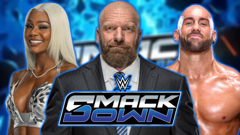 WWE SmackDown logo, Triple H, Jade Cargill and Giovanni Vinci
