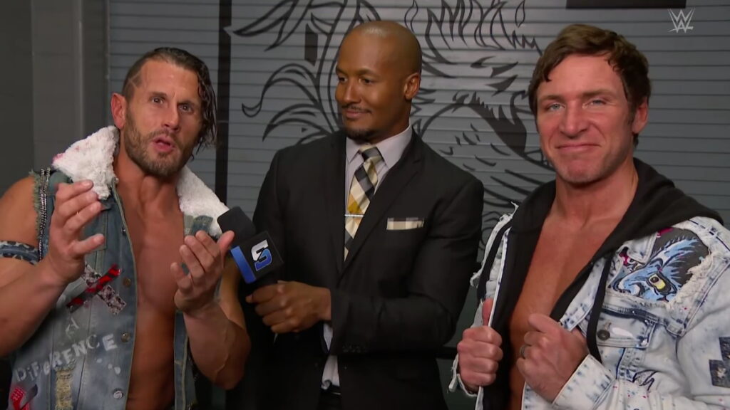 WWE photo after SmackDown of Motor City Machine Guns (Chris Sabin and Alex Shelley) being interviewed by Byron Saxton.
