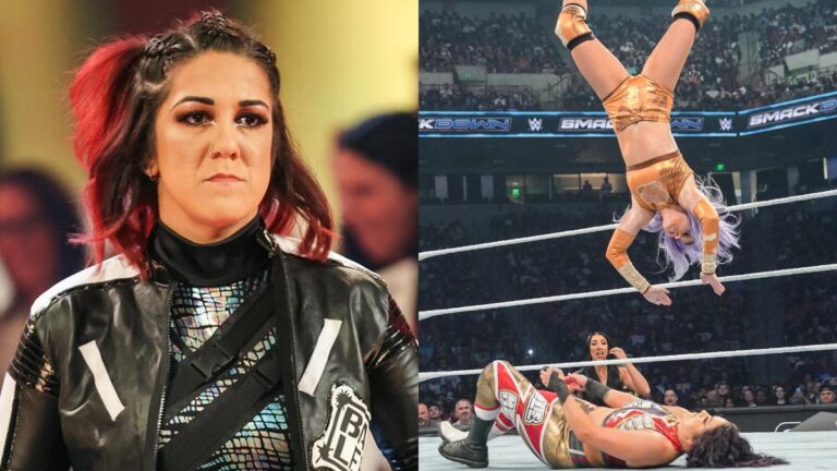 Bayley alongside image of her loss to Candice LeRae on WWE SmackDown
