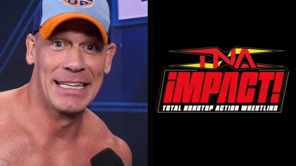 John Cena on the left and the TNA Wrestling Impact logo on the right