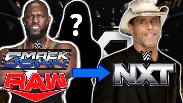 WWE Raw, SmackDown and NXT logos with Omos and Shawn Michaels