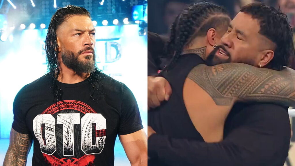 WWE SmackDown moment The Usos (Jimmy and Jey Uso) reunited and hugged with Roman Reigns watching on.
