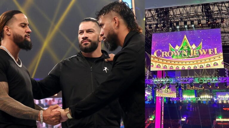 Original WWE Bloodline members Roman Reigns and the Usos, and the WWE Crown Jewel logo