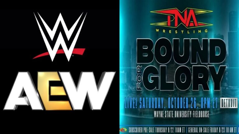 WWE and AEW logos along with TNA Bound for Glory 2024 poster