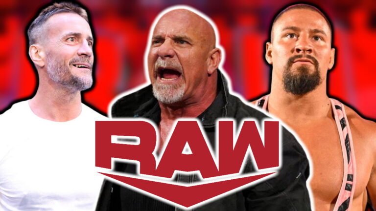 WWE Raw logo with Goldberg, CM Punk and Bron Breakker