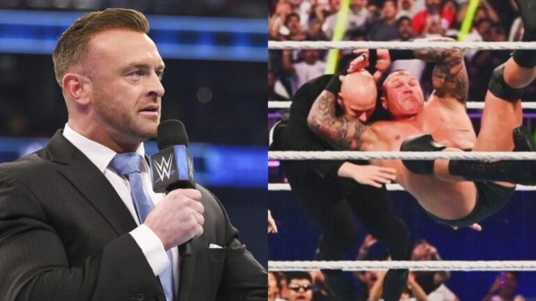WWE star Randy Orton giving Nick Aldis an RKO