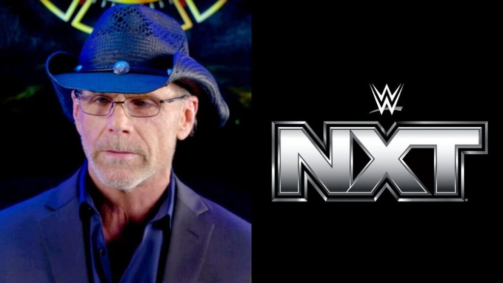 Shawn Michaels on the left and the WWE NXT logo on the right