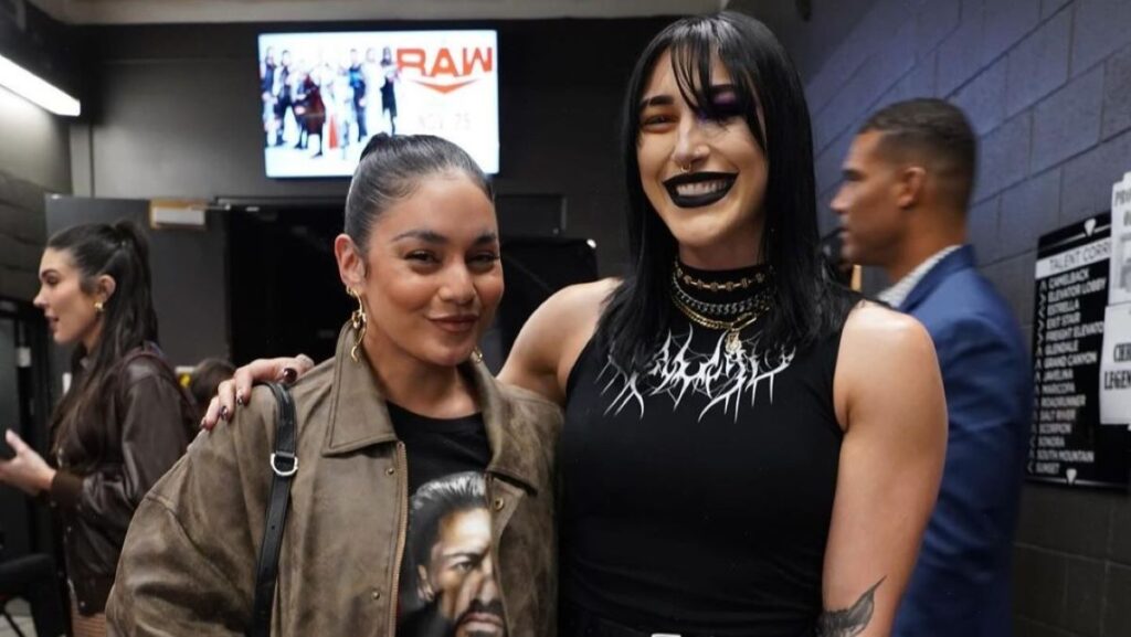 Vanessa Hudgens and Rhea Ripley backstage at WWE Raw
