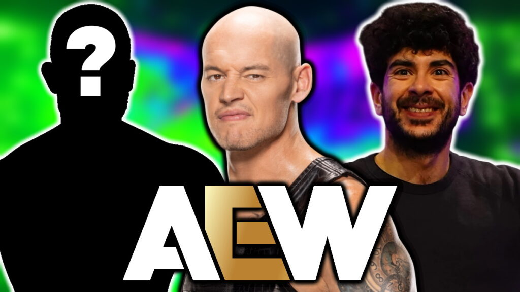 AEW logo with Tony Khan and former WWE star Baron Corbin