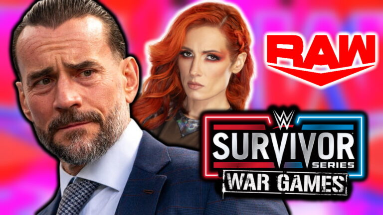 CM Punk and Becky Lynch with the WWE Raw and Survivor Series 'WarGames' logos