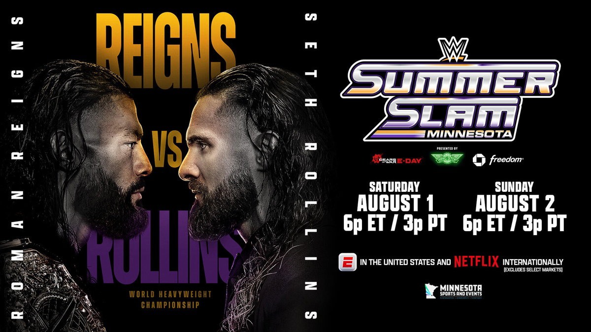 Roman Reigns vs. Seth Rollins WWE SummerSlam 2026 poster.