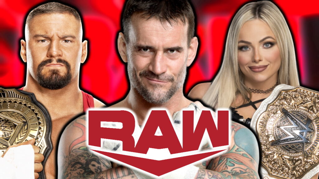 WWE Raw logo with CM Punk, Bron Breakker and Liv Morgan