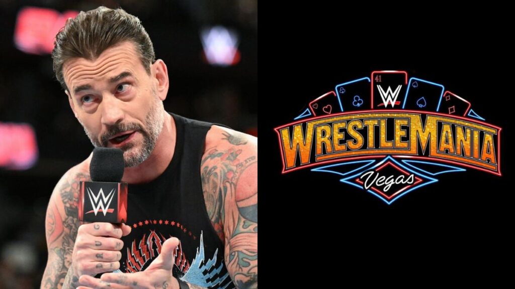 CM Punk on the microphone next to the WWE WrestleMania 41 logo