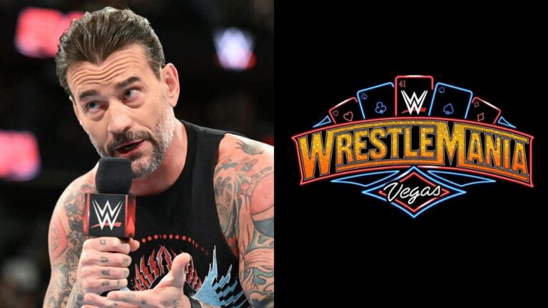CM Punk on the microphone next to the WWE WrestleMania 41 logo