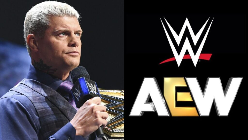 Cody Rhodes next to the AEW and WWE logos