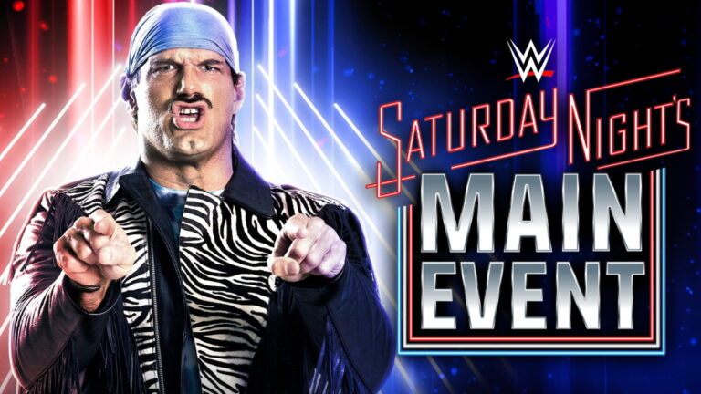 WWE Saturday Night's Main Event logo on the right and vintage photo of Jesse Ventura on left.