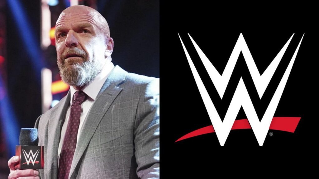 Triple H on the microphone next to the WWE logo