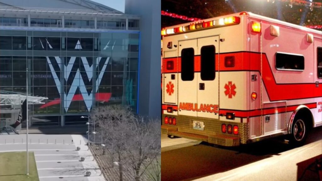 WWE HQ on the left and an ambulance on the right
