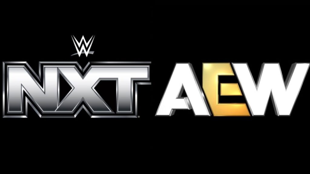 WWE NXT logo on the left and AEW logo on right