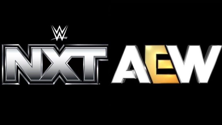 WWE NXT logo on the left and AEW logo on right