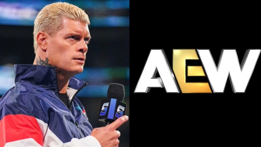 WWE Champion Cody Rhodes on the left, frowning and AEW logo on the right