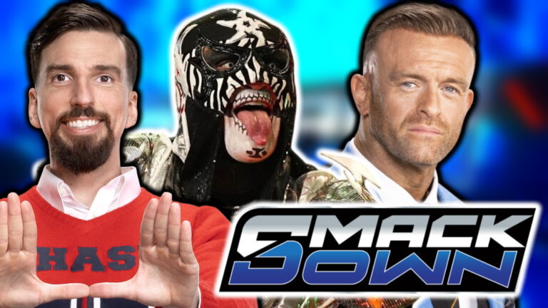WWE SmackDown logo with Andre Chase, Penta El Zero Miedo and Nick Aldis
