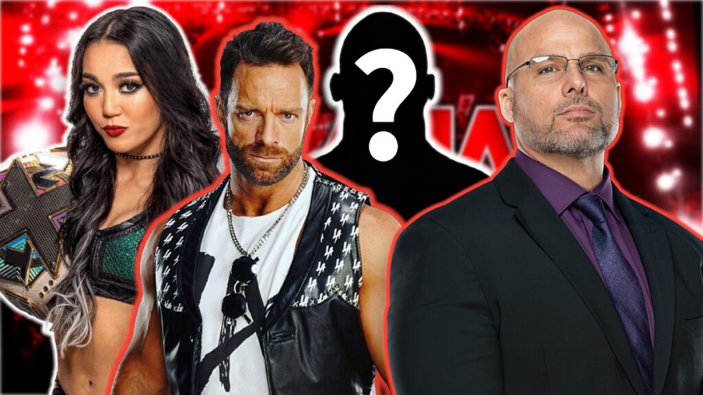 WWE Raw General Manager Adam Pearce, LA Knight and Roxanne Perez
