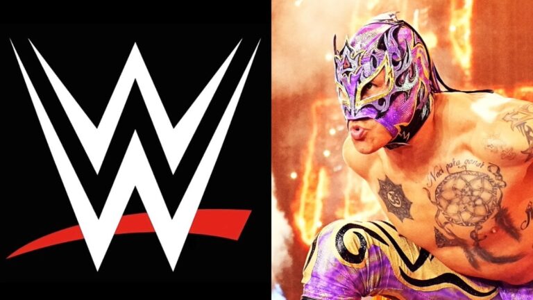 WWE logo and AEW star Rey Fenix