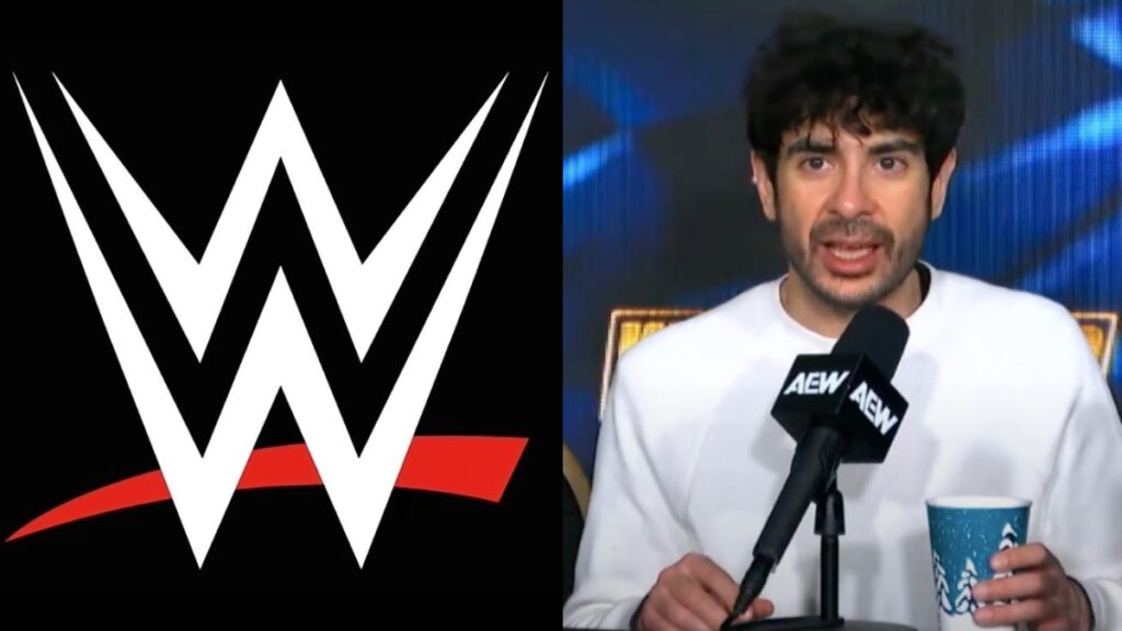 WWE logo and Tony Khan at AEW Worlds End media scrum