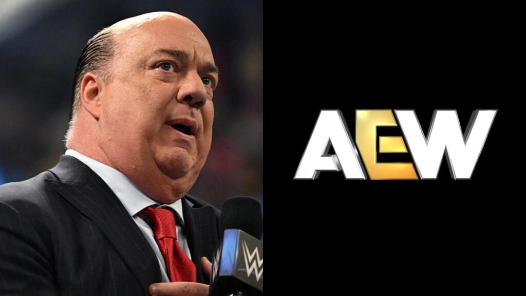 WWE's Paul Heyman next to the AEW logo