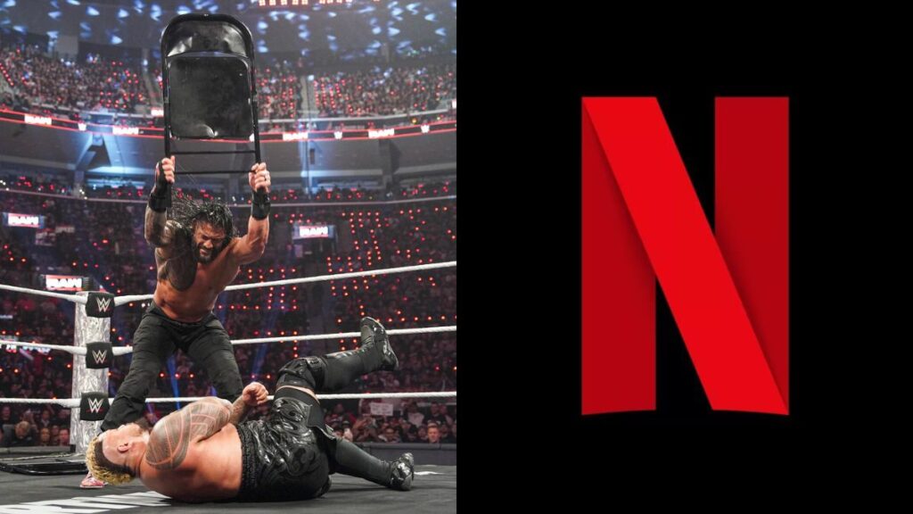 Roman Reigns hitting Solo Sikoa with a chair on WWE Raw next to the Netflix logo