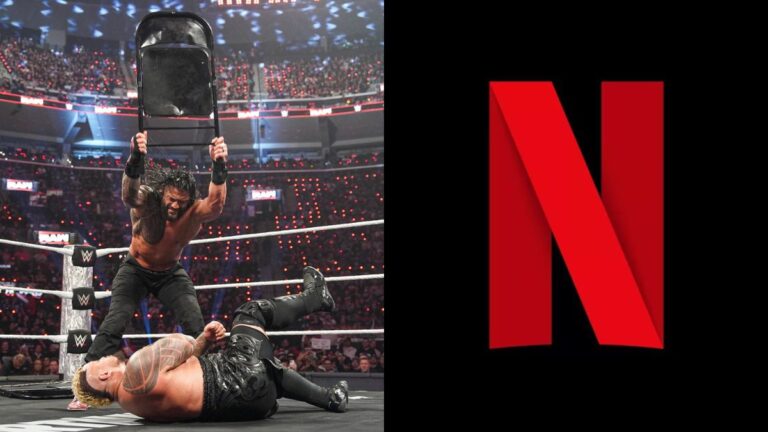 Roman Reigns hitting Solo Sikoa with a chair on WWE Raw next to the Netflix logo