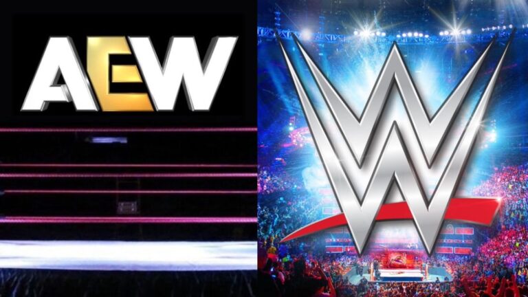 AEW ring and WWE logo