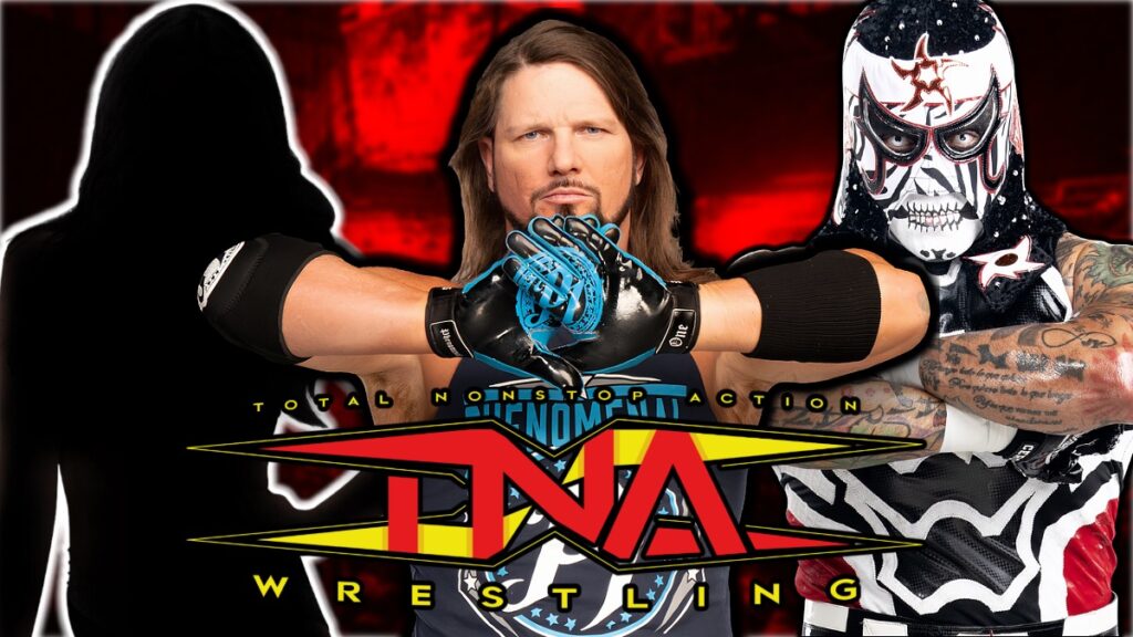 WWE's AJ Styles and Penta along with TNA Wrestling logo