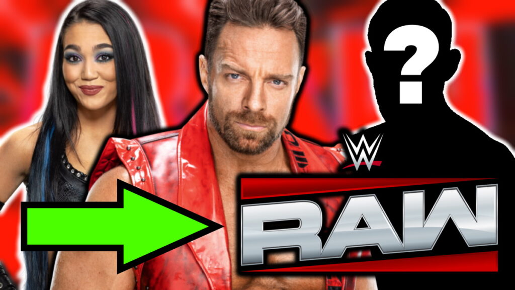 WWE Raw logo with LA Knight and Roxanne Perez